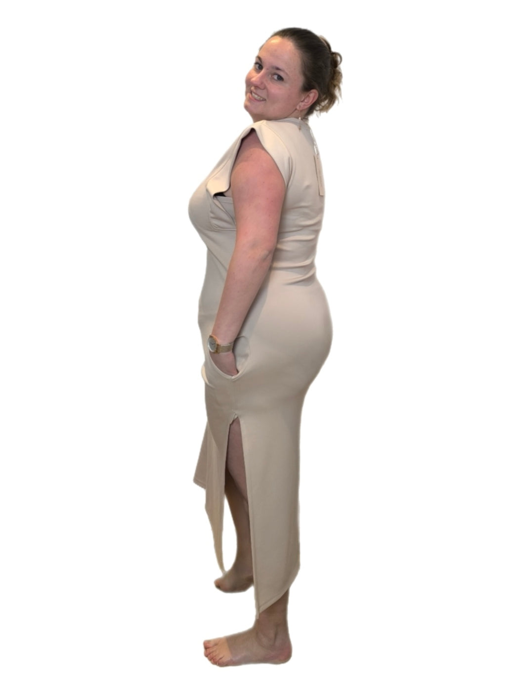Strakke split jurk beige